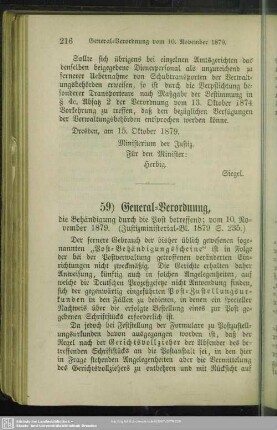 59) General-Verordnung, die Behändigung durch die Post betreffend; vom 10. November 1879