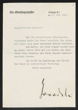 Brief von Carl Friedrich Goerdeler von Leipzig / Oberbürgermeister an Gerhart Hauptmann