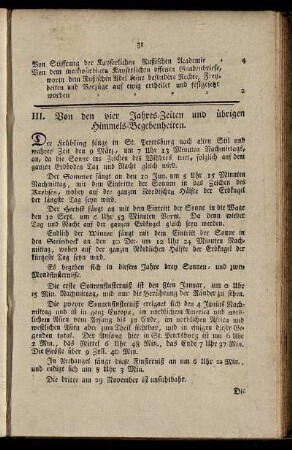 III. Von den vier Jahres-Zeiten und übrigen Himmels-Begebenheiten