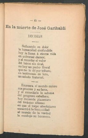 En la muerte de José Garibaldi : Décimas