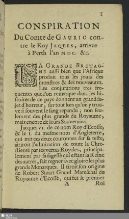 Conspiration Du Comte de Gauric contre le Roy Jaques, arrivée à Perth l'an MDC. &c.