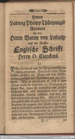 Herrn Ludwig Philipp Thümmigs, Antwort für den Baron von Leibnitz, auf die fünffte Englische Schrifft Herrn D. Clarckens
