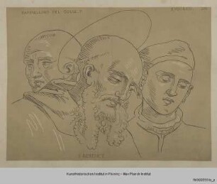 Köpfe des Heiligen Benedikt und zweier Gefährten (nach einem Fresko von Raffaello dal Colle in San Pietro in Gubbio)