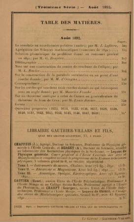 Table des matières. Août 1892.