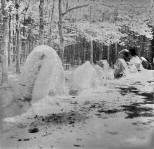Schneewehe : Blick entlang einer Gasse im Wald, die am Rande liegenden Steine sind von Schnee bedeckt.