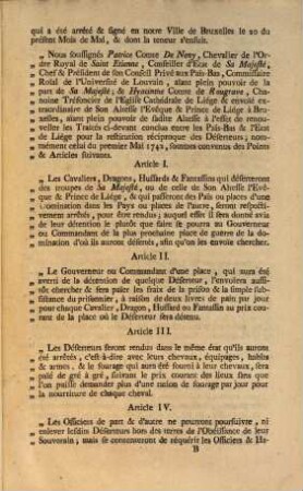 Declaration Concernant le Renouvellement pour le treme de dix ans de la Convention du 20 Mai 1767 conclue entre Sa Majeste & l'Etat de Lige, pour la restitution reciproque des Deserteurs. : Du 18 Septembre 1789