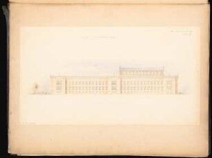 Akademie der Künste Schinkelwettbewerb 1855: Aufriss Seitenansicht (von der Universitätsstraße); Maßstabsleiste
