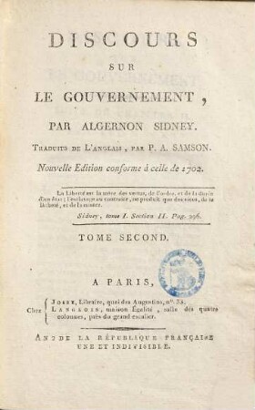 Discours Sur Le Gouvernement, Tome Second