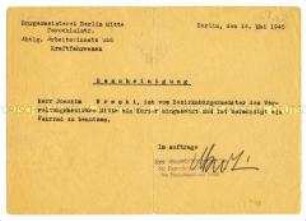 Bescheinigung zur Benutzung eines Fahrrads für Herrn Joachim Breski