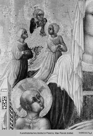 Triptychon mit Aufsätzen: Maria mit dem Kind, Johannes dem Täufer und dem seligen Pietro Crisci : Mitteltafel: Thronende Maria mit dem Kind