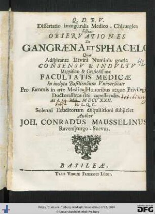 Dissertatio inauguralis Medico-Chirurgica Sistens Observationes De Gangraena Et Sphacelo