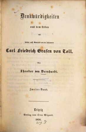 Denkwürdigkeiten aus dem Leben des kaiserl. russ. Generals von der Infanterie Carl Friedrich Grafen von Toll. Bd. 2