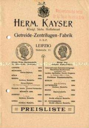 Preisliste über Getreidezentrifugen