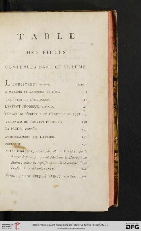 Table des pieces contenues dans ce volume