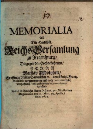 Memorialia ... die gegen ... Gustav Adolph Grafen zu Nassau Sarbrücken von königl. franz. Ministris vorgenommene ... Verhaftung ... betr.