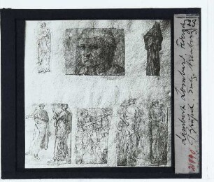 Lombard (u. andere Zeichner), Arenberg-Album (Lüttich MbA) : Oben, Links: unidentifiziert / Oben, Mitte: Portrait von Bramante / Oben, Rechts: unidentifiziert / Unten: unidentifiziert