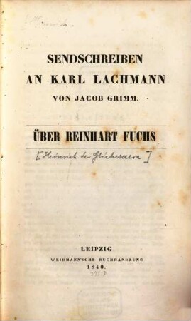 Sendschreiben an Karl Lachmann von Jacob Grimm über Reinhart Fuchs