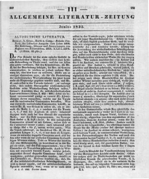 Reineke Vos. Nach der Lübecker Ausgabe vom Jahre 1498. Mit Einleitung, Glossar und Anmerkungen v. [A. H.] Hoffmann von Fallersleben. Breslau: Grass, Barth & Comp. 1834
