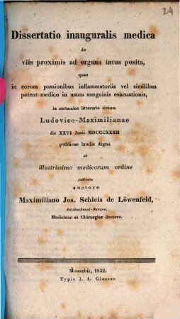 Dissertatio inauguralis medica de viis proximis ad organa intus posita : quae in eorum passionibus inflammatoriis vel similibus patent medico in usum sanguinis evacuationis