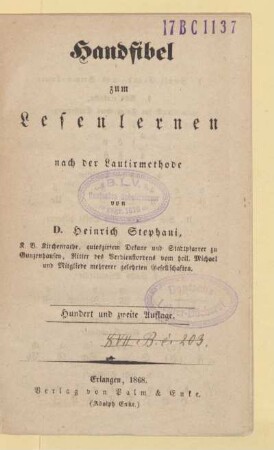Handfibel zum Lesenlernen : nach der Lautirmethode