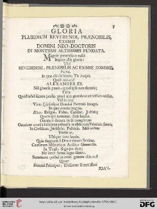 Gloria plurimum Reverendi, Praenobilis, Eximii Domini Neo - Doctoris in montibus altissimis fundata