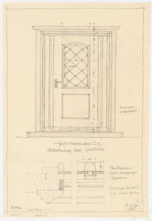 Haus Jansen, Berlin-Grunewald: Rückfront, Haustür: Aufriss Außenfront 1:10, vertikaler Schnitte durch Sprossen 1:1