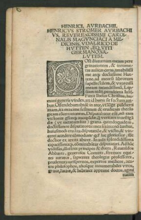 Henricus Stromer Aurbachius ... Udalrico De Hutten, Equiti Germano, Salutem.