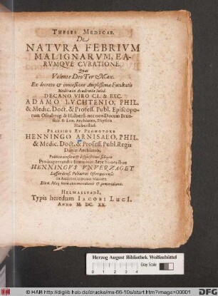 Theses Medicae. De Natura Febrium Malignarum, Earumque Curatione