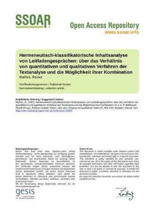 Hermeneutisch-klassifikatorische Inhaltsanalyse von Leitfadengesprächen: über das Verhältnis von quantitativen und qualitativen Verfahren der Textanalyse und die Möglichkeit ihrer Kombination