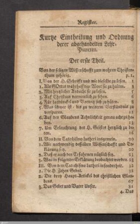 Kurtze Eintheilung und Ordnung derer abgehandelten Lehr-Puncten.