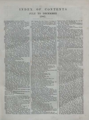 INDEX OF CONTENTS JULY TO DECEMBER 1867.