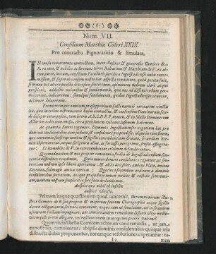 Num. VII. Consilium Matthiae Coleri XXIX. Pro contractu Pignoraticio & simulata.