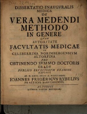 Dissertatio Inavgvralis Medica De Vera Medendi Methodo In Genere