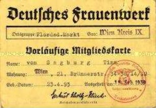Vorläufige Mitgliedskarte der NS-Frauenschaft von Tina Sagburg