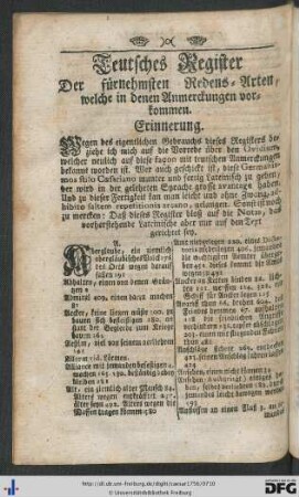 Teutsches Register der fürnehmsten Redens-Arten, welche in denen Anmerckungen vorkommen.