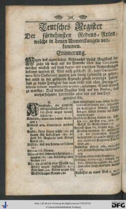 Teutsches Register der fürnehmsten Redens-Arten, welche in denen Anmerckungen vorkommen.
