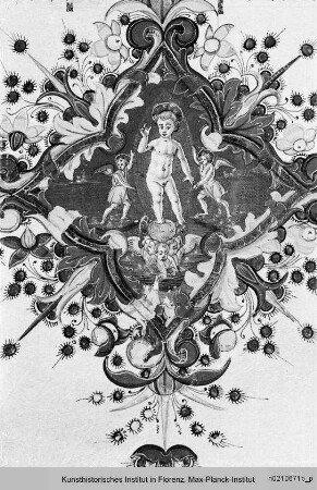 Evangeliar : Folio mit Miniatur mit der Anbetung des Christuskindes und Vierpass mit dem segnenden Christuskind auf einer Weltkugel