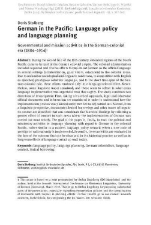 German in the Pacific: language policy and language planning. Governmental and mission activities in the German-colonial era (1884-1914)