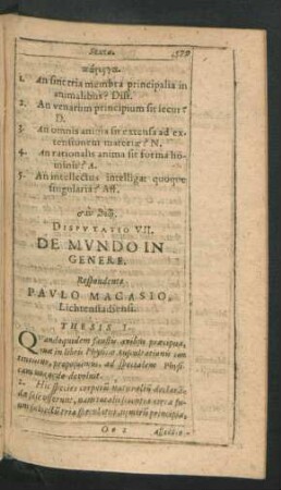 Disputatio VII. De Mundo In Genere. Respondente Paulo Macasio
