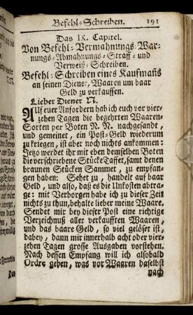 Das IX. Capitel. Von Befehl-Vermahnungs-Warnungs- Abmahnungs-Straff- und Verweiß-Schreiben.