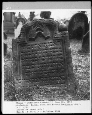 Grabstein von Aaron Kohen, Sohn des Baruch ha-Kohen (+ 1723.07.03)