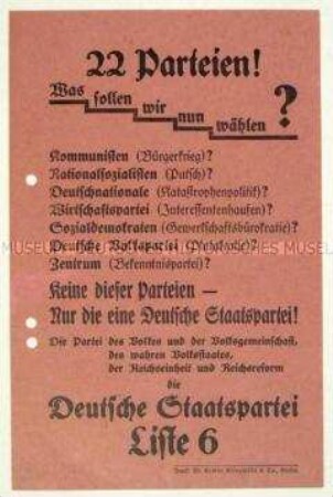Propagandaflugblatt der Deutschen Staatspartei zur Reichstagswahl 1930