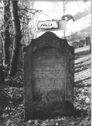 Grabstein 166/1 (Index: 99608851) Material: Sandstein Zustand: stärker verwittert Maße HxBxT: 112x61x11 cm Beschreibung: Stele, geschwungener Abschluß, Schriftfeld eingetieft mit Segmentbogenabschluß Besonderheit: Daten fraglich!: Grabstein 166/1