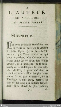 A L´Auteur De La Religion Des Petits Enfans