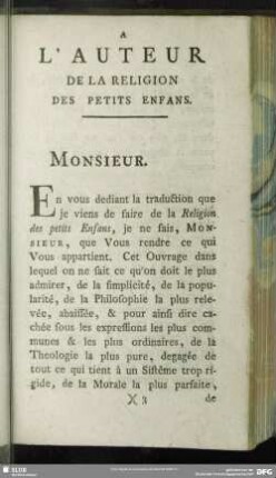 A L´Auteur De La Religion Des Petits Enfans