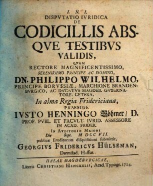 Dispvtatio Ivridica De Codicillis Absqve Testibvs Validis