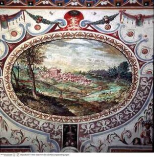 Stanza dell'Estate: Groteskendekoration, Allegorie des Sommers und Landschaften, Ansicht von Bassano Romano