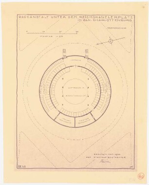 Reichskanzlerplatz, Berlin-Charlottenburg: 1.Untergeschoss (»Obergeschoss«) der Badeanstalt unter dem Reichskanzlerplatz im Grundriss 1:200, Maßstabsleiste