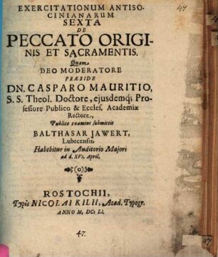 Prōton pseudos, sive primum falsum Socini et sociorum septem exercitationibus publicis adumbratum, Exercitationum antisocinianarum VI.. De peccato originis et sacramentis