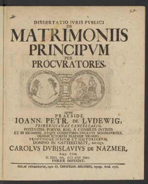Dissertatio Iuris Publici De Matrimoniis Principum Per Procuratores